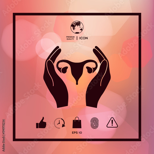 Hands holding Female uterus - protection icon