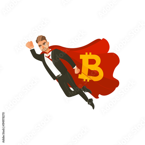 Man, businessman in business suit and red cape with bitcoin, BTC symbol flying as superman, flat cartoon vector illustration isolated on white background. Bitcoin superman, advisor, counsellor concept