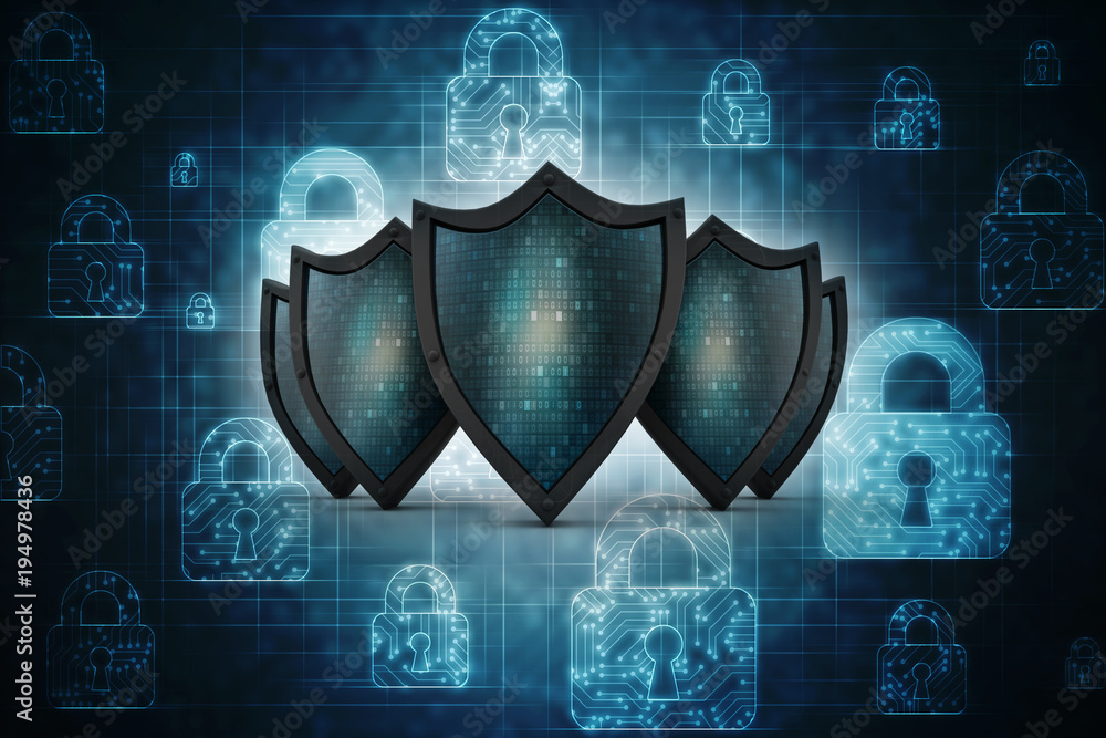 Fototapeta premium 3d illustration Security concept - shield on digital code background