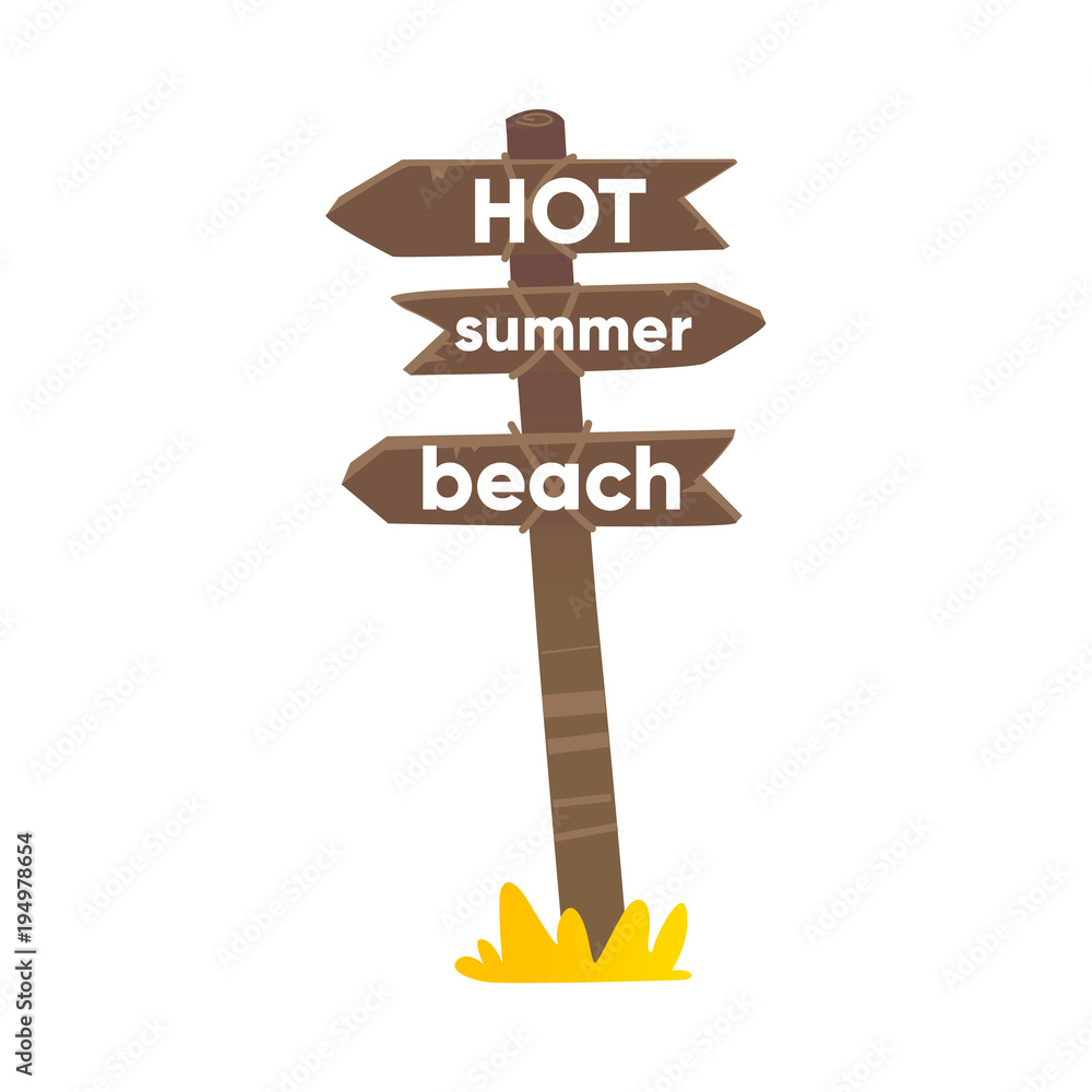 Wooden sign, road post with three boards, planks showing direction to beach, flat cartoon vector illustration isolated on white background. Flat cartoon wooden road sign with three planks Wooden sign, road post with three boards, planks showing direction to beach, flat cartoon vector illustration isolated on white background. Flat cartoon wooden road sign with three planks