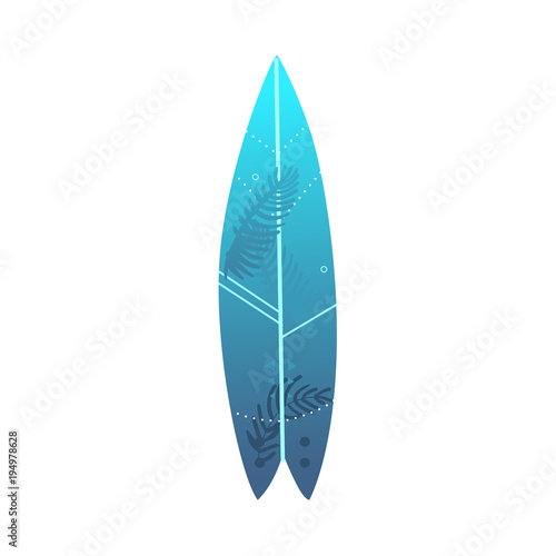 Stylized decorated surfboard, surf board, flat cartoon vector illustration isolated on white background. Flat cartoon vector illustration of surf board, surfboard, active summer vacation object