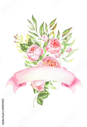 Ribbon decorated with a bouquet of rosesRibbon decorated with a bouquet of roses photo