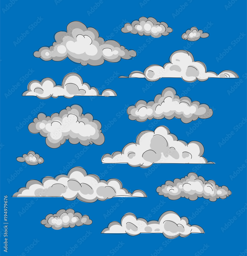White clouds on a blue background. Drawing by hand. White clouds on a blue background. Drawing by hand.