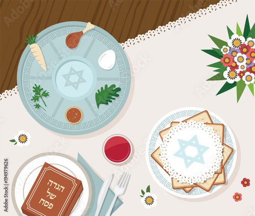 traditional passover table for Passover dinner with passover plate and Hagaddah story. vector illustration template design