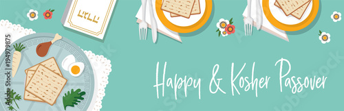 traditional passover table for Passover dinner with passover plate. vector illustration template banner design