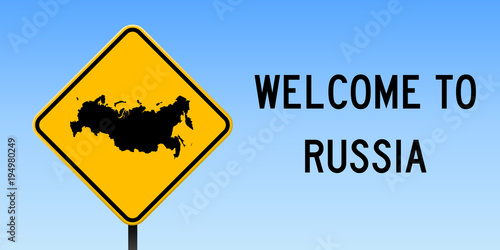 Russia map on road sign. Wide poster with Russia country map on yellow rhomb road sign. Vector illustration.