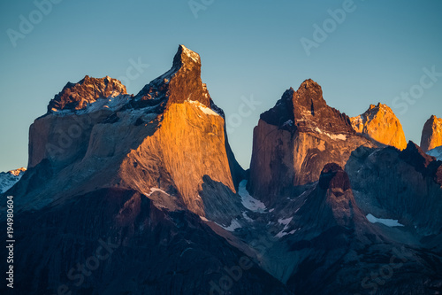 Cuernos Towers during sunrise. Torres del Paine National Park, Chile