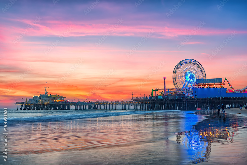 The Santa Monica Pier at sunset, Los Angeles, California. Stock Photo