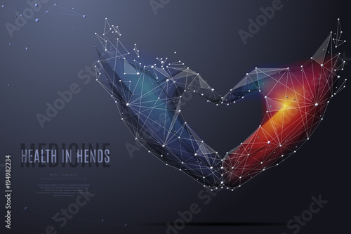 Vector isolated Love shape hands origami. Low poly wireframe and points. Polygonal 3D white love gesture on dark background. Geometry triangle. Abstract hands mash line origami