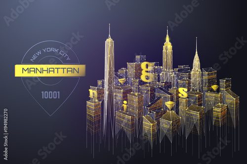 Abstract image of landscape of the Manhattan consisting of points, lines, and shapes in the form of planets, stars and the universe. Vector New York wireframe concept.