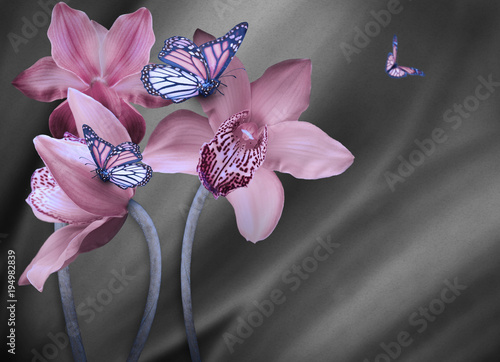 Floral background of orchids, bright flowers on a gray. Applied a filter with grain.