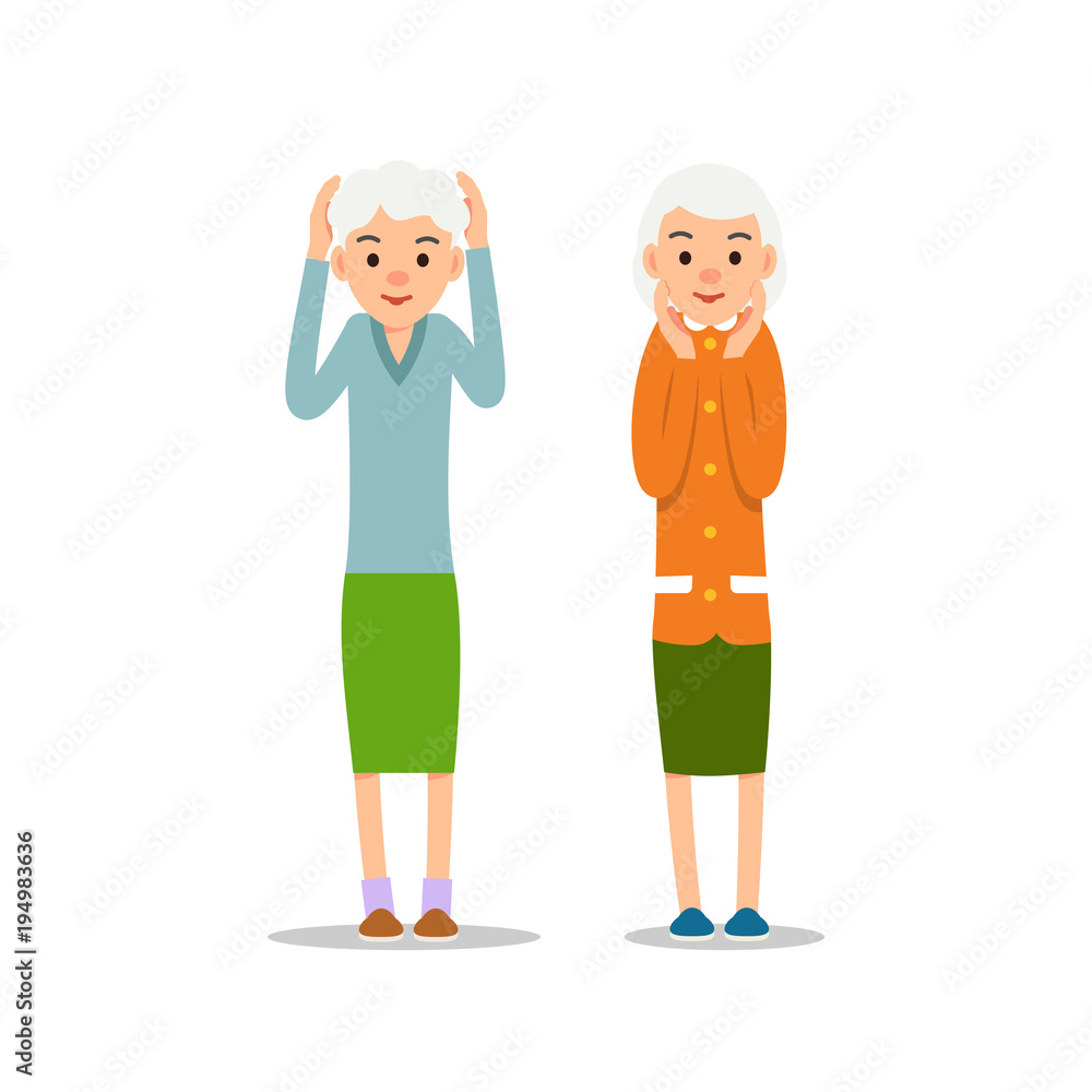 Old woman. Two senior stand with his arms up, his head in hands. Illustration isolated on white background in flat style. Full length portrait of old ladies, senior or grandmother