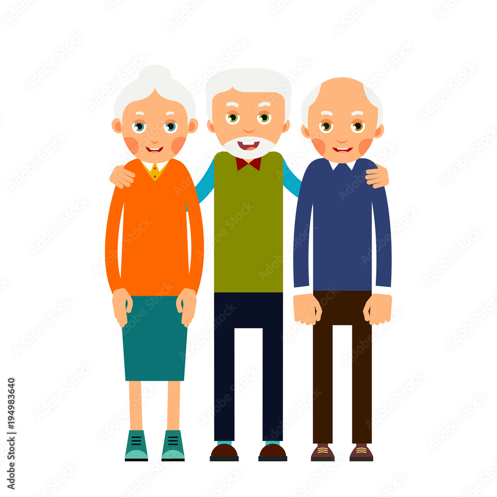Group older people. Three aged people stand. Elderly men and women stand together and hug each other. Illustration isolated on white background in flat style Group older people. Three aged people stand. Elderly men and women stand together and hug each other. Illustration isolated on white background in flat style