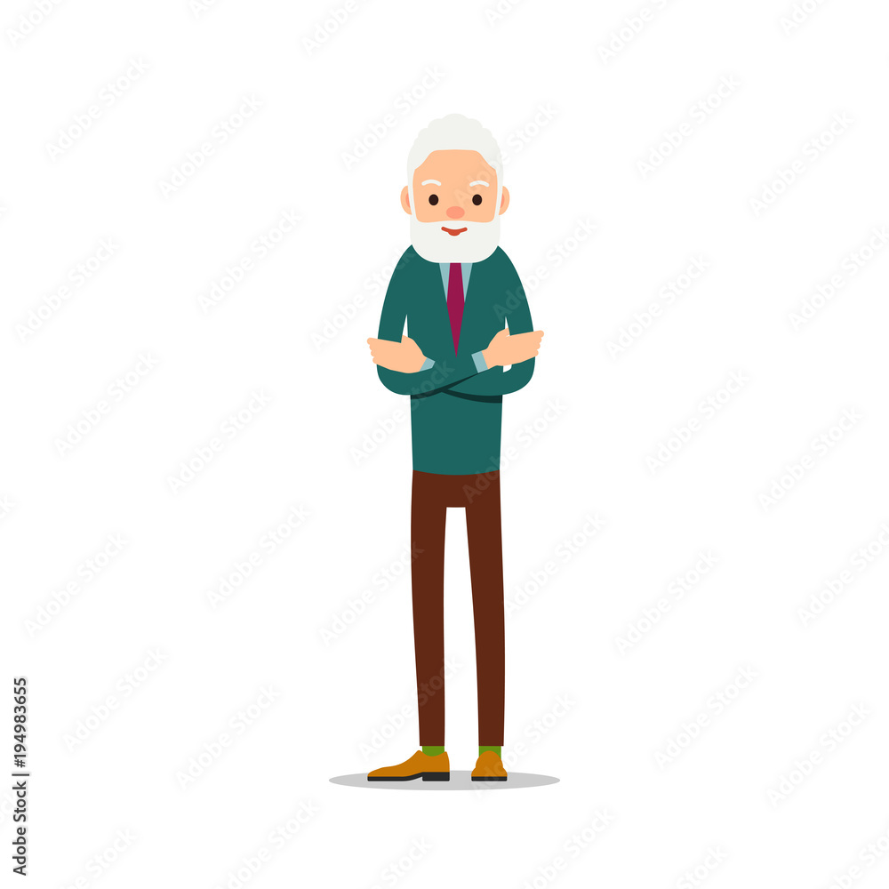Old man with beard. Elderly man with neatly beard stands with arms crossed over his chest. Illustration in flat style. Isolated