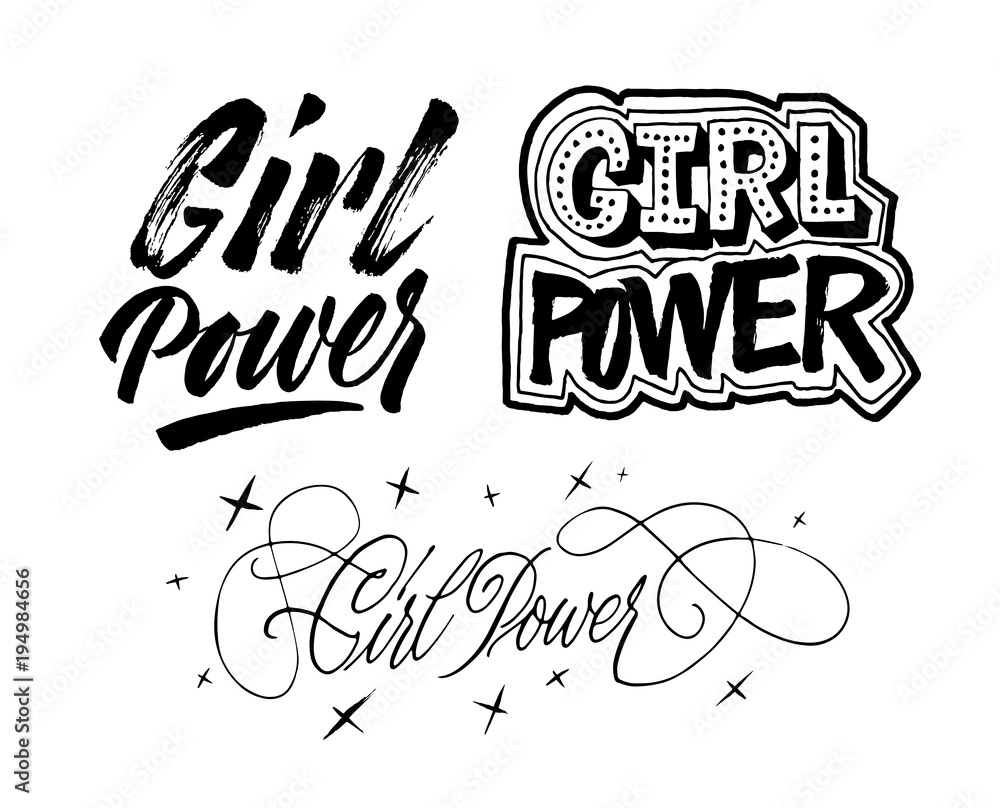 Girl Power lettering set. Hand drawn brush pen grl pwr calligraphy. Inscription collection. International women's day 8 march.