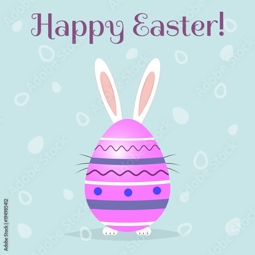 The Easter bunny is behind a purple decorative egg. Congratulations on Easter.
