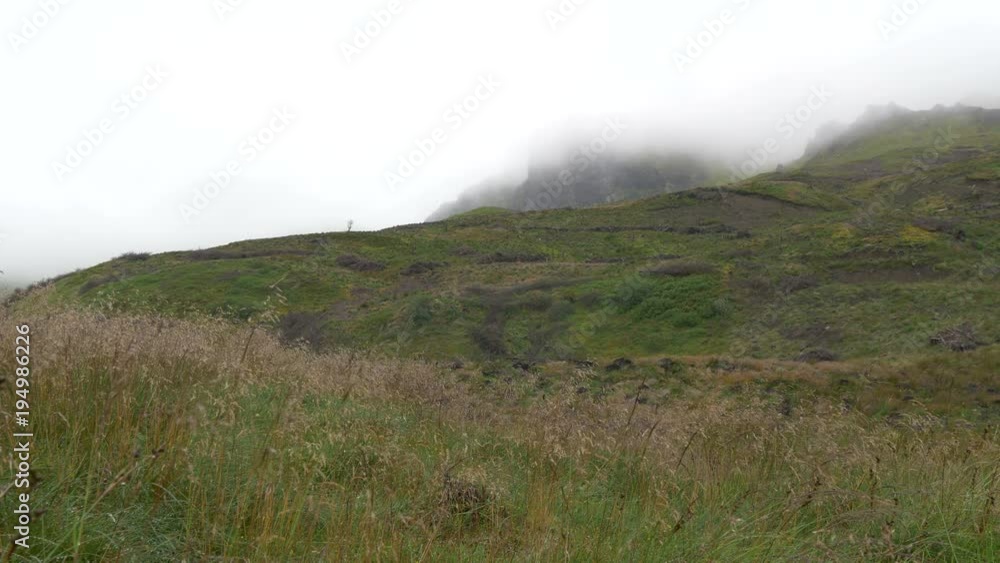 A green hill on a misty day A green hill on a misty day