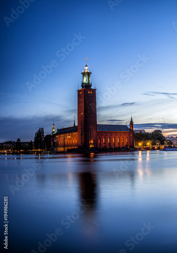 Stockholm sunset with City Hall as seen from Riddarholmen.