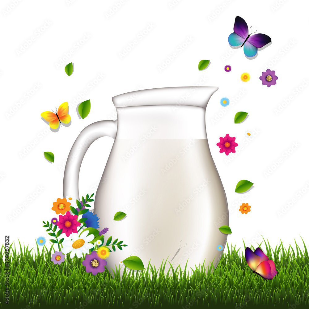 Jug With Milk And Grass And Flowers White Background Jug With Milk And Grass And Flowers White Background