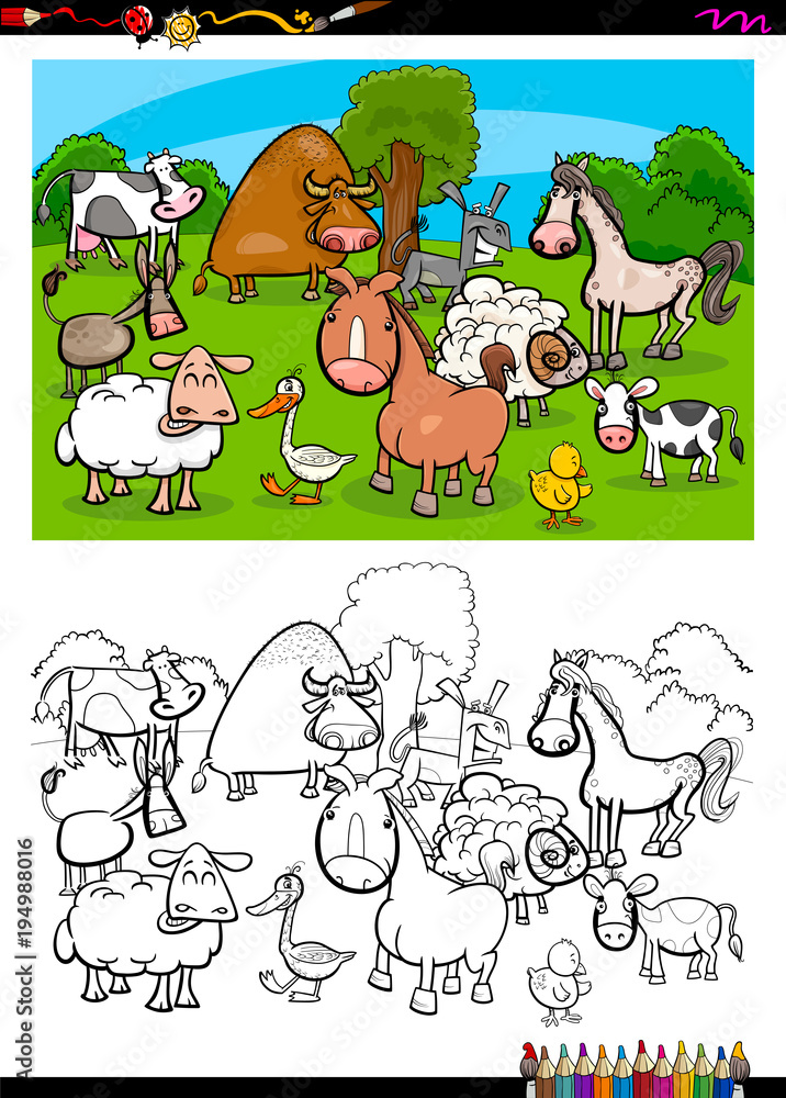 Fototapeta premium cute farm animals characters group color book
