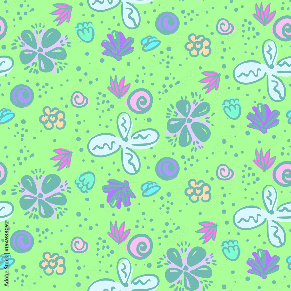 Doodle seamless pattern with tender blue and white meadow flowers. Lovely floral naive texture with colorful flowers, lines and blots on green grass background for textile, wrapping paper, surface