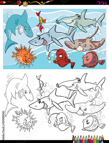 fish marine life characters group color book