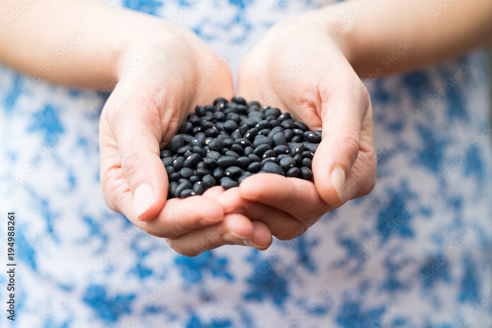 Close Up Of Woman Holding Black Turtle Beans Close Up Of Woman Holding Black Turtle Beans