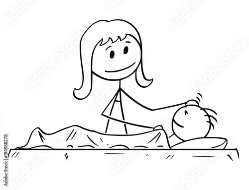 Cartoon stick man drawing conceptual illustration of mother or mom looking at sleeping son.