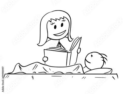 Cartoon stick man drawing conceptual illustration of mother or mom reading his son bedtime story from a book.