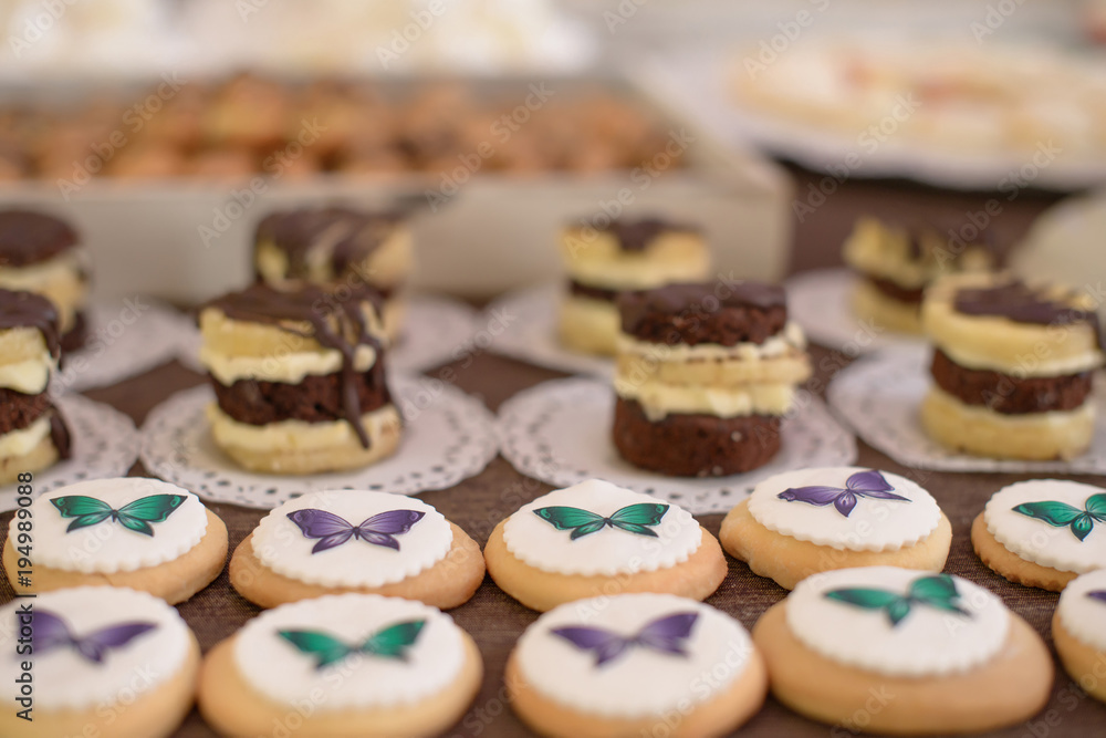 Assortment of small, flat, button-like cookies, ornate with colorful frosting butterflies, at candy and cake bar, at a wedding reception