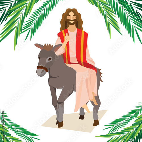 happy religion holiday palm sunday before easter, celebration of the entrance of Jesus into Jerusalem, palmtree leaves vector illustration, man Rides Donkey greetings Christ