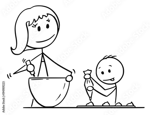 Cartoon stick man drawing conceptual illustration of mother or mom and son cooking or baking together in kitchen.