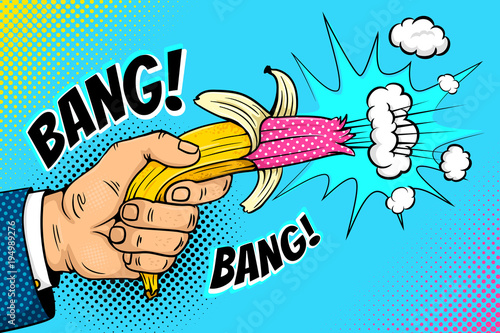 Pop art background with male hand holding bright banana revolver that explodes with clouds and Bang speech bubble on dots background. Vector colorful hand drawn illustration in retro comic style.