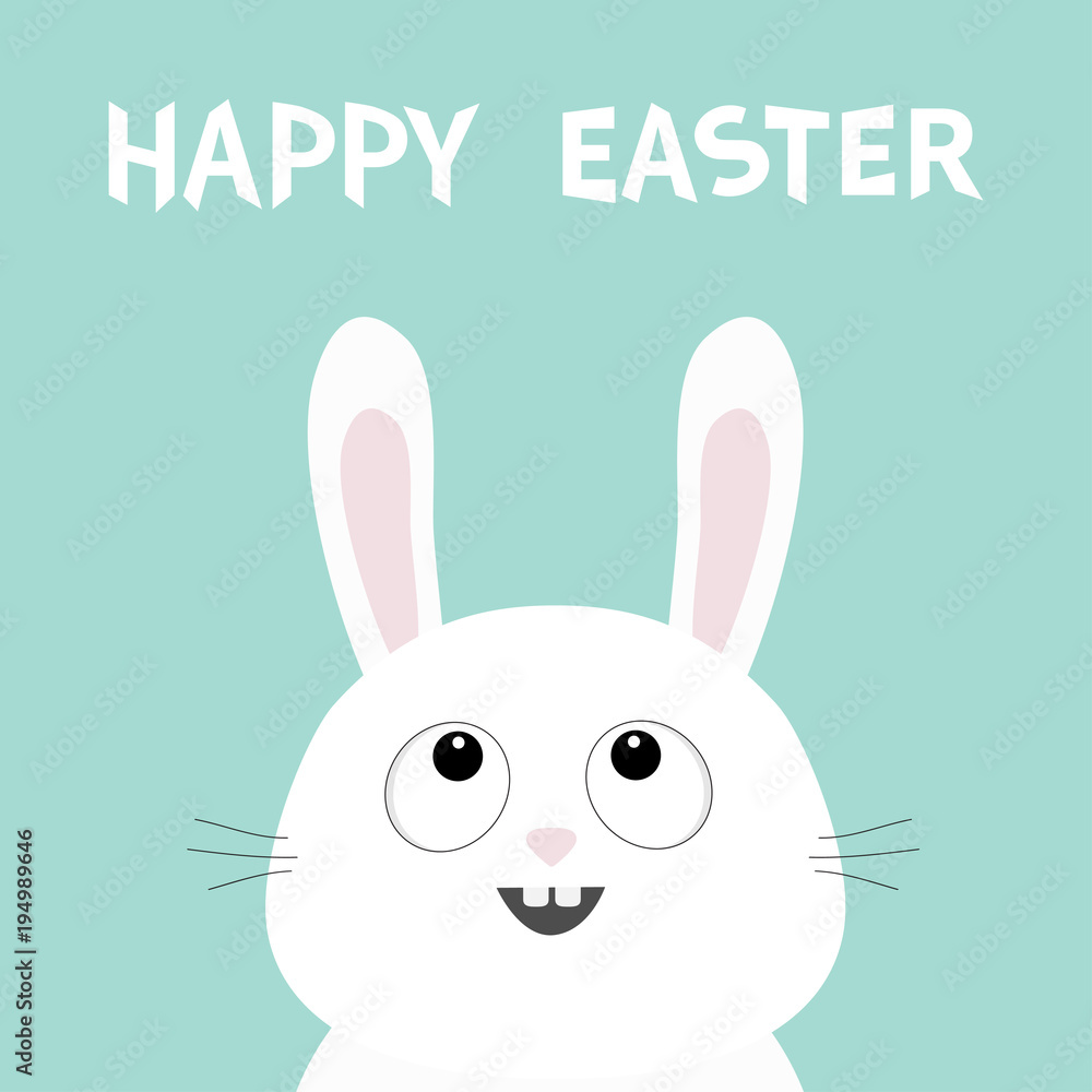 White bunny rabbit head face looking up. Happy Easter. Picaboo. Flat design. Big ears. Cute kawaii funny cartoon character. Baby greeting card. Blue pastel color background. White bunny rabbit head face looking up. Happy Easter. Picaboo. Flat design. Big ears. Cute kawaii funny cartoon character. Baby greeting card. Blue pastel color background.