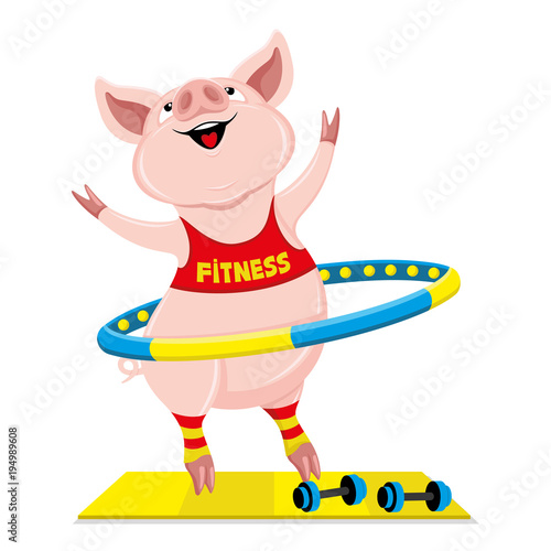 Cheerful pink pig with hula hoop on a white background.