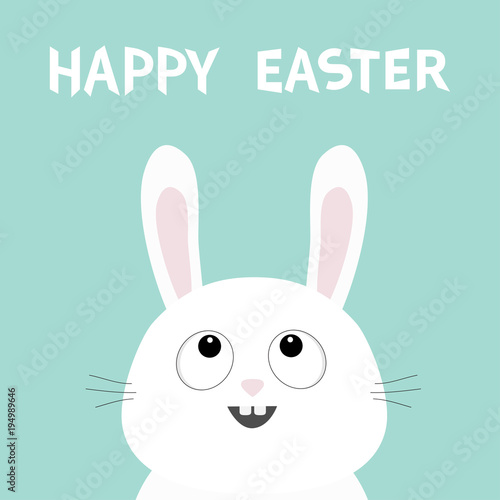White bunny rabbit head face looking up. Happy Easter. Picaboo. Flat design. Big ears. Cute kawaii funny cartoon character. Baby greeting card. Blue pastel color background.