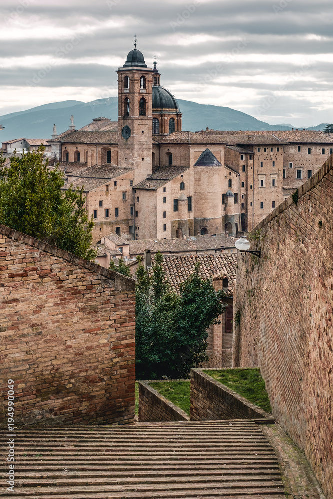 Glimpse view of Urbino downtown. Marche, Italy.