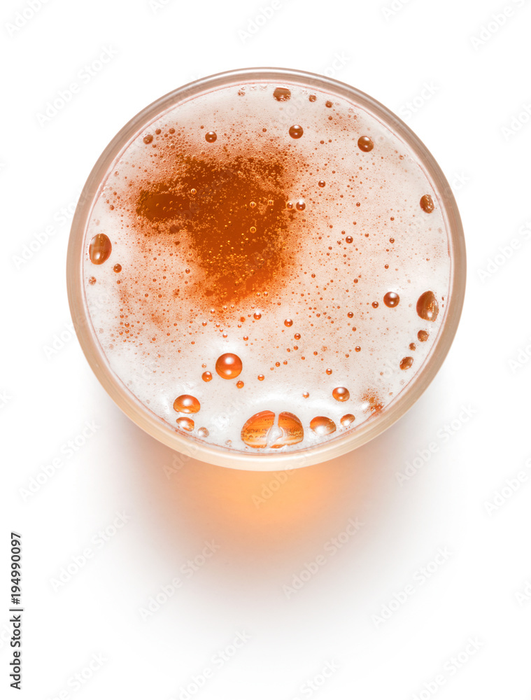 top view of glass of beer isolated on white background top view of glass of beer isolated on white background