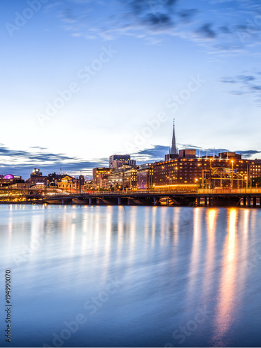 Canvas Print Stockholm sunset skyline with City Hall as seen from Riddarholmen