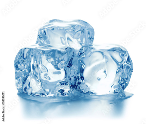 heap of blue ice cubes isolated on white background