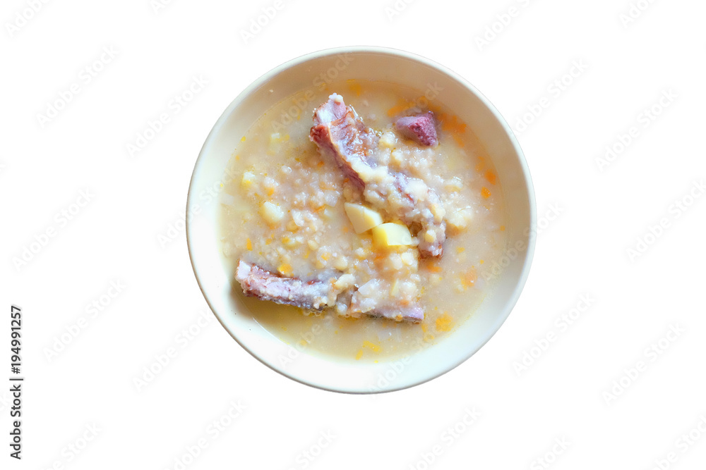 pea soup with smoked meat isolated on white pea soup with smoked meat isolated on white
