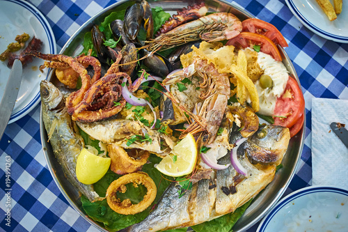 Traditional greek meze with fish and seafood