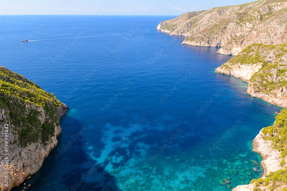 Blue sea and cliff in Porto Schiza on Zakynthos island. Greece.