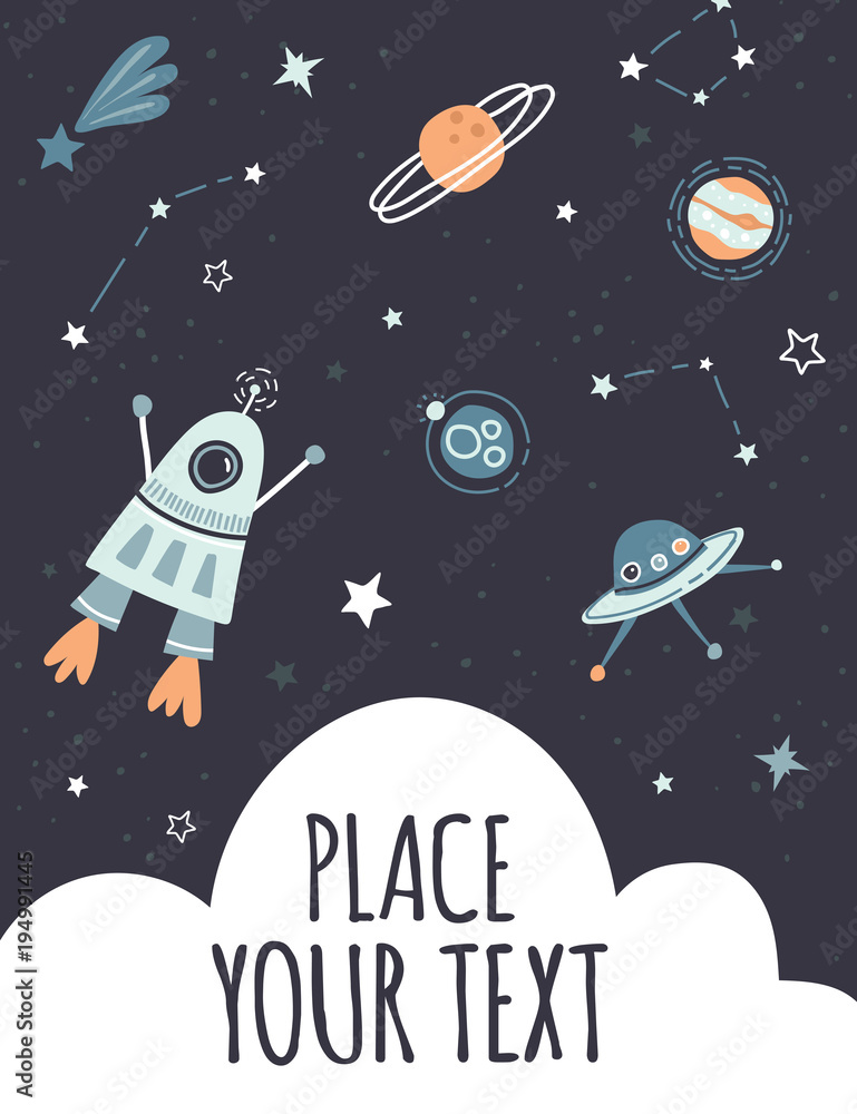 Cute childish hand drawn flat space design template, space for text. Vector print for nursery, kids poster, postcard, greeting card with space, spaceship, rocket, moon, stars, planets, constellations. Cute childish hand drawn flat space design template, space for text. Vector print for nursery, kids poster, postcard, greeting card with space, spaceship, rocket, moon, stars, planets, constellations.