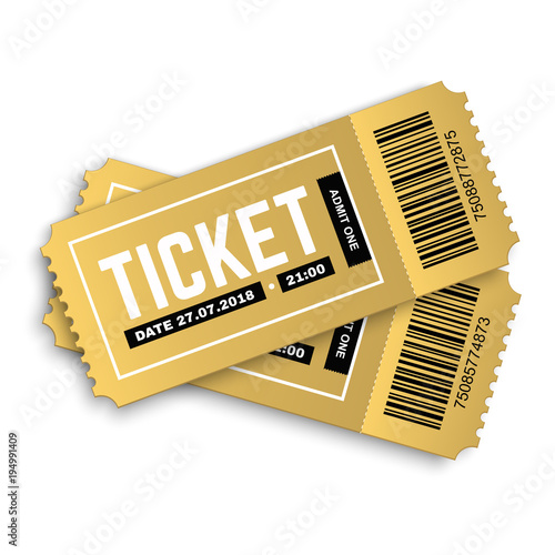 PrintTwo, pair vector golden tickets isolated on white background. Cinema, theatre,  concert, play, party, event and festival gold ticket realistic template set. Ticket icon for website. 