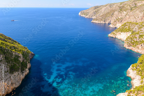 Blue sea and cliff in Porto Schiza on Zakynthos island. Greece.