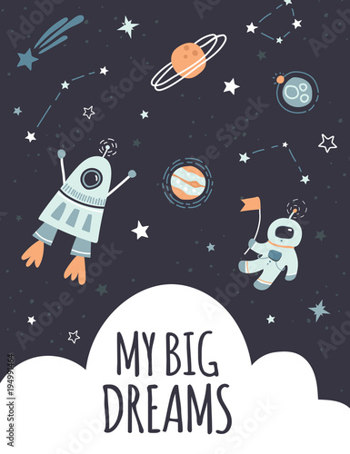 Fototapeta Naklejka Na Ścianę i Meble -  Cute childish hand drawn flat space design template and text. Vector universe print for nursery, kids poster, postcard, with space, spaceship, rocket, moon, stars, planets, constellations, astronaut.