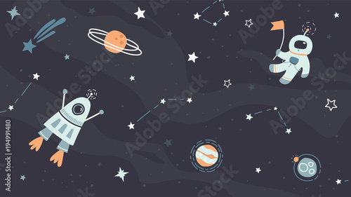 Vector childish hand drawn flat space design background. Cute template with elements of space, astronaut, spaceship, rocket, moon, black hole, stars, planets, constellations. Trendy kids wallpaper. photo