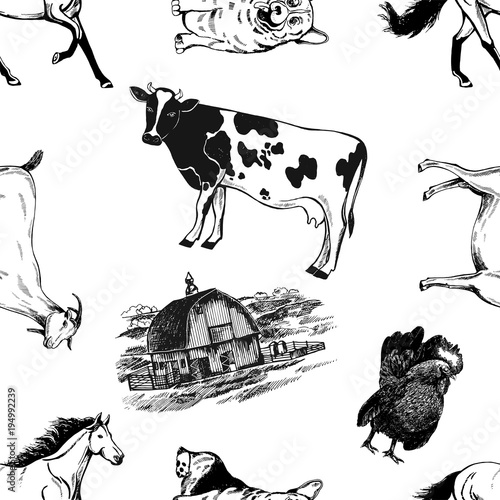Seamless pattern of hand drawn sketch style farm building and animals. Vector illustration isolated on white background.