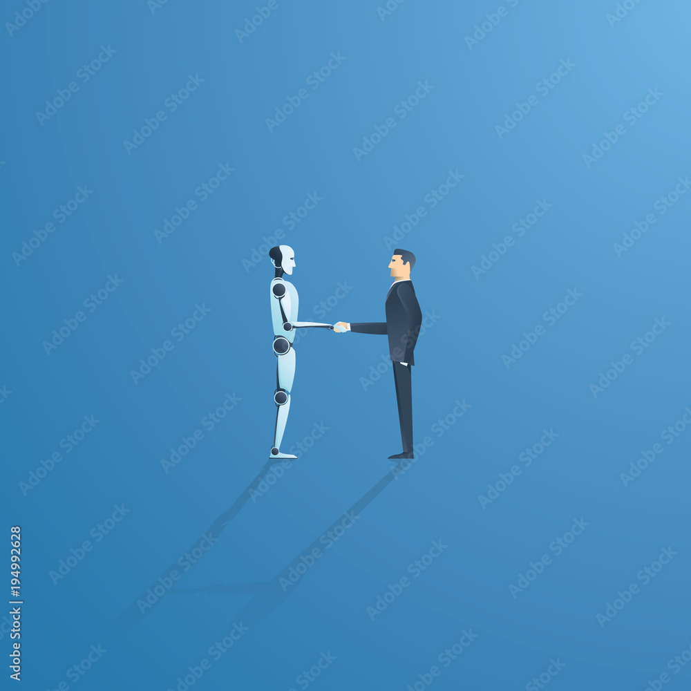 Ai or artificial intelligence vector concept with ai robot handshake with human. Symbol of future cooperation, technology advance, innovation. Ai or artificial intelligence vector concept with ai robot handshake with human. Symbol of future cooperation, technology advance, innovation.